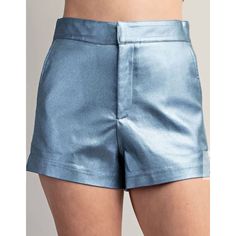 High waisted blue metallic shorts Chic Shimmer Bottoms For Spring, Fitted Shiny Short Bottoms, Chic Sheen Bottoms For Spring, Chic Spring Sheen Bottoms, Chic Spring Bottoms With Sheen, Shiny Fitted Bottoms For Spring, Fitted Shiny Shorts For Summer, Shiny Short Length Summer Bottoms, Shiny Summer Bottoms Shorts