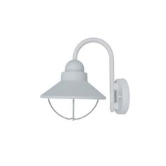 a white wall light with an arm and shade on the outside of it, against a white background