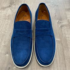 Moreschi Men’s Loafers In Blue Suede, Brand New Blue Slip-on Moccasins, Classic Blue Slip-ons For Business, Blue Casual Slip-on Loafers, Blue Low-top Leather Slip-ons, Blue Slip-on Loafers With Rubber Sole, Blue Low-top Moccasins With Rubber Sole, Casual Blue Suede Boat Shoes, Blue Slip-on Boat Shoes, Casual Blue Suede Slip-ons