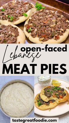 an open faced meat pie is shown in this collage with the title above it