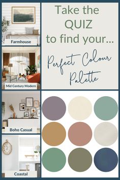 a collage of photos with the words take the quiz to find your perfect color palette