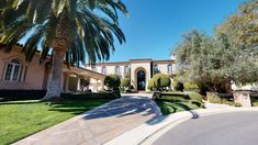 a palm tree is in front of a large house on the corner of a street