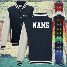 **College Jacket Varsity Jacket with custom print** Here we offer you a college jacket with your desired print. The jacket is ideal for individual messages, desired names, numbers...for clubs, for the family, for birthdays, for school, for club sports, dance clubs, Football clubs, carnival clubs, tennis, handball, darts, skateboarding, bowling, Fishing, work clothes, universities, colleges, gardening, school sports, football, workshops.... the right thing for big and small, for grandma and grandpa, for the gas station and the uncle, for mom and dad, for brother and sister, cousin and cousins.... at graduation, at Easter, at Christmas, for a birthday, for Father's Day, for Mother's Day We can print the jacket on the following positions: -Desired name/desired text/club name/text -Front Left Team-colored Long Sleeve Varsity Jacket With Team Name, Team-colored Outerwear With Team Name For Sports Events, Team-colored Varsity Outerwear With Team Name, Team Spirit Varsity Jacket For Sports Events, Team-colored Long Sleeve Track Jacket For College, Sports Team Varsity Jacket, Long Sleeve Varsity Jacket With Team Name For Sports, Black Team Spirit Outerwear For College, Collegiate Long Sleeve Track Jacket With Letter Print