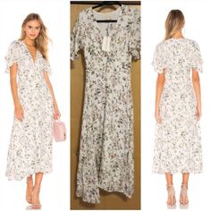 Divine Heritage Floral Midi Dress White V-neck Maxi Dress For Spring, White Floral Print V-neck Maxi Dress, White V-neck Maxi Dress With Floral Print, White Chiffon Midi Dress For Garden Party, White Midi Dress For Spring, White Maxi Length Dress For Brunch, White Floral Print V-neck Midi Dress, White Floral Midi Dress For Spring, White V-neck Midi Dress With Floral Print