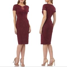 Nwt Js Collections Lace Cocktail Dress In Dark Berry A Lovely Sheath Is Edged With Delicate Eyelash Lace And Features A Stylized Notched Neckline Inset With Sheer Mesh. - 28" Chest 44" Length (Approx) - Hidden Back-Zip Closure - Jewel Neck - Short Sleeves - Built-In Bra Cups - Lined 35 % Cotton 35 % Nylon 30% Rayon New $228 Retail Fitted Burgundy Knee-length Dress, Burgundy Knee-length Formal Dress, Fitted Short Sleeve Burgundy Midi Dress, Fitted Burgundy Midi Dress With Short Sleeves, Red Fitted Knee-length Lace Dress, Burgundy Sheath Dress For Formal Occasions, Burgundy Short Sleeve Dress For Date Night, Burgundy Short Sleeve Formal Dress, Red Knee-length Lace Dress For Formal Occasions