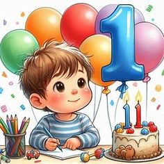 a boy sitting at a table with a birthday cake and balloons