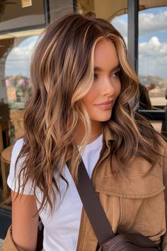 25 Stunning Balayage Ideas for Brunettes in Fall 2024: Explore Hair Color Trends with Blonde Highlights Blonde And Auburn Highlights Brown Hair, Fall Hair Ideas For Brunettes Highlights, Light Fall Balayage, Balayage Hair Blonde And Brown, Brown Hair With Light Caramel Highlights, Highlight For Light Brown Hair, Winter Bayalage Brunette, Dimensional Caramel Brunette, Fall Hair Brown And Blonde