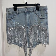 These Shorts Are Perfect For A Night Out With The Girls, Concerts, Or Anywhere You Want To Wear Them. They Are Super Sparkly, Stretchy, And New With Tags. #Sparkly #Rhinestone #Jeanshorts #Trendy #Shorts Denim Jean Shorts With Rhinestone Fringe, High Waist Denim Shorts With Rhinestone Fringe, High-waisted Denim Shorts With Rhinestone Fringe, Party Embellished Denim Bottoms, Blue Denim Sequined Bottoms, Denim Bottoms With Rhinestones For Night Out, Denim Party Shorts, Denim Rhinestone Bottoms For Night Out, Night Out Denim Bottoms With Rhinestones