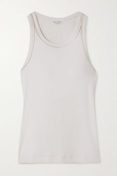 Even Brunello Cucinelli's basics - like this tank - are made with the same meticulous craftsmanship and technical details as his signature tailoring. Cut from cotton-blend jersey, it's ribbed to accentuate the close fit and has smooth satin trims for both visual and textural interest. Luxury Fitted Classic Tank Top, Luxury Ribbed Women's Tank Top, Luxury White Tank Top, Luxury White Cami Tank Top, Luxury Ribbed Cotton Tank Top, Brunello Cucinelli Women Summer, Brunello Cucinelli Women, Fancy Shirt, The Close