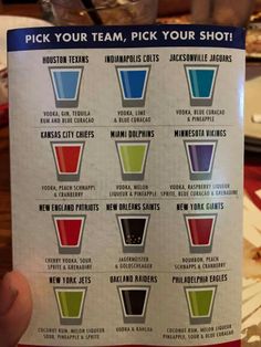 a person holding up a card with different drinks in it's middle and the words pick your team, pick your shot