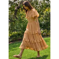 forty romantic ruffle dress in apricot midi length Casual Tiered Mini Dress For Garden Party, Summer Tiered Maxi Dress With Flowy Skirt, Spring Midi Length Ruffle Dress, Spring Ruffle Sleeve Midi Dress For Garden Party, Spring Garden Party Midi Dress With Ruffle Sleeves, Spring Flowy Ruffle Midi Dress, Spring Midi Dress With Ruffles For Brunch, Summer Maxi Dress With Flutter Sleeves For Day Out, Spring Maxi Dress With Ruffle Hem