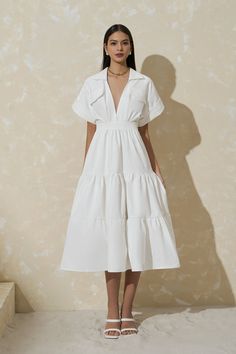 Point collar Deep V neckline Tiered skirt Calf length Unlined Tiered Shirt Dress, Tiered Linen Dress, Tiered Skirt Outfit, Tiered Dress Casual, Tiered Dress Pattern, Back Detail Dress, Calf Length Dresses, Midi Linen Dress, Linen Dresses Summer