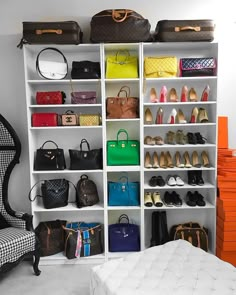 the closet is filled with handbags and purses