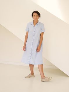 "Shirtdress with short sleeves. We took a classic snap-front silhouette and turned it into an ultra-flattering, lightweight shirtdress that can be worn from work to weekend. The dress has a classic shirt color, short sleeves and belt which makes it perfect as a work outfit for summer. But style it with sneakers or tank top and shorts underneath and you will have a fun and stylish casual look. Shirtdresses give lots of room for outfit experiments! ABOUT US LINEN ID was born from desire to embrace Summer Linen Button-up Dress, Classic Linen Summer Dress For Daywear, Classic Summer Linen Day Dress, Classic Linen Dress For Summer Daywear, Classic Summer Daywear Linen Dress, Button-up Linen Dress For Summer, Collared Midi Dress With Relaxed Fit For Summer, Casual Button-up Linen Dress For Summer, Casual Button-up Linen Summer Dress