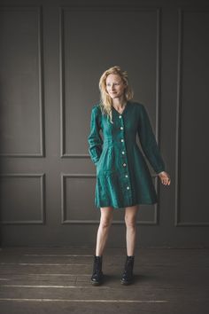 "DETAILS * Short dress with puffed long sleeves * Functional natural coconut buttons * Perfect garment for special events, meetings * Made from soft wash medium weight (185 g) 100 % European linen fabric * Height of the model is 175 cm (5' 9\") and she is wearing size XS dress in dark green color * The full length of linen dress is +/-95 cm/ 37.4\" * Please choose another color and size on the right * Product number: D48 CARE LABEL * machine wash gentle (40 C/104 F) * dry gentle on low heat * wr V Neck Dress Long, Green Linen Dress, Wide Leg Linen Trousers, Puffed Long Sleeves, Linen Coat, Dress Buttons, Label Machine, Summer Linen, Care Label