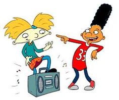 two cartoon characters are standing next to an old radio and one is pointing at the other