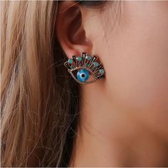 Gorgeous Elegant Blue Eyes Stud Earrings Simple Stud Earrings, Diamond Eyes, Evil Eye Earrings, Alloy Earrings, Small Earrings Studs, Eye Earrings, Earring Patterns, Earring Sale, Modern Earrings