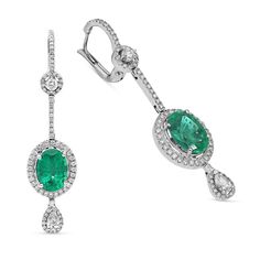 Treat the May birthday girl to fabulous dangle earrings she'll love to wear. Crafted in 18K white gold, each enchanting dangle features an oval cut green emerald in a diamond pave halo. The post and dangle features unique embellishment detailing and striking shimmer to complete the look. 5.02 carat Oval cut Emeralds 0.33 carat Pear shape diamonds 1.10 carat white diamonds pave setting 18K white gold The earrings design can be customized to suit your particular taste & budget with any Size, C Emerald Earrings Drop, Embellishment Details, May Birthday, Earrings Design, Diamond Dangle Earrings, Orange Sapphire, Birthstone Earring, Pave Setting, Emerald Earrings