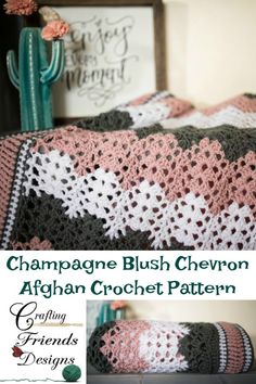 a crocheted afghan is shown with the text champagne bush chevron afghan crochet pattern