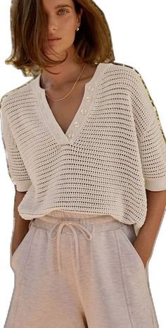 Fall V-neck Crochet Top, Beige V-neck Sweater For Vacation, Knit V-neck Top For Day Out, Chic V-neck Pointelle Knit Top, Trendy V-neck Crochet Top For Spring, Beige Cotton V-neck Knit Top, Casual Open Knit Crochet V-neck Top, Trendy Cotton V-neck Knit Top, Chic Knit V-neck Blouse