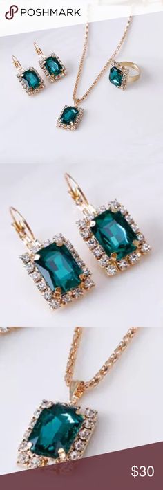 ❤️gorgeous emerald gemstone necklace earring ring ❤️❤️gorgeous emerald gemstone set necklace earrings ring set  Ring is open ring adjusted to any finger Jewelry Necklaces Elegant Rectangular Jewelry With Stones, Elegant Rectangular Stone Jewelry, Elegant Crystal Earrings With Stones As Gift, Crystal Costume Jewelry Earrings For Gifts, Finger Jewelry, Earring Ring, Set Necklace, Set Ring, Emerald Gemstone