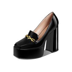 Black Platform Patent Leather Loafer With Gold Chain Black Platform Loafers With Block Heel For Spring, Elegant Closed Toe Platform Loafers For Party, Black Pointed Toe Platform Loafers For Party, Party Patent Leather Platform Loafers, Elegant Patent Leather Platform Loafers For Party, Black High Heel Platform Loafers For Party, Black Platform Loafers For Party, Black High Heel Patent Leather Platform Loafers, Black Patent Leather High Heel Platform Loafers