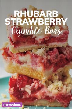 rhubarb strawberry crumble bars stacked on top of each other with text overlay