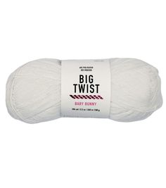 a white ball of yarn with the words, big twist baby bunny written on it