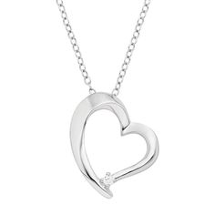 "Grace yourself with the captivating beauty of this diamond accent heart necklace. Comes in a gift box.PENDANT DETAILSPendant length: .75 in.Chain length: 18 in.Clasp: spring-ringMetal: rhodium-plated sterling silverDIAMOND DETAILSTotal weight: less than 1/10 ct.Shape: roundColor grade: I-JClarity: I2Setting: prongImage(s) may be enlarged to show detail.Diamond weights are approximate. Diamond total weights may vary between .01 and .08 ct. Some diamonds have fewer than 17 facets.Gemstones may ha Heart Pendant Necklace, Silver Diamonds, Bling Bling, Metal Rings, Spring Rings, Heart Necklace, Heart Pendant, Pendant Jewelry, Jewelry Necklace Pendant