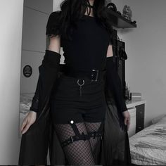 Dark style tight-fitting high-waist shorts yv40531 | Youvimi Mode Harajuku, Egirl Fashion, E Girl Outfits, Grunge Clothing, Woman In Black, Black Clothes, Dark Outfits, Swaggy Outfits