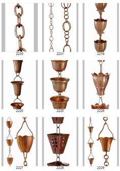 several different types of hanging pots with chains attached to the top and bottom, all in various shapes and sizes