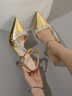 Rhinestone Chic: Women's Pointed Toe High Heel Shoes for All Seasons Gold Heels With Rhinestones In Synthetic Material, Gold Synthetic Heels With Rhinestones, Gold Pointed Toe Heels With Bling, Chunky Heels Casual, Elegant Pumps, Strap Wedge, Strappy Wedges, Summer Chic, Casual Sandals