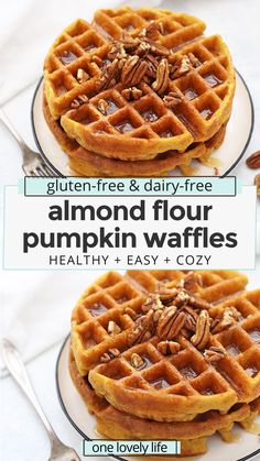 two plates with waffles on them and the words gluten - free & dairy - free almond flour pumpkin waffles