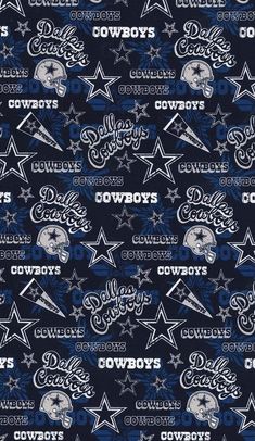 cowboys fabric with the word cowboys on it and stars in blue, white and black