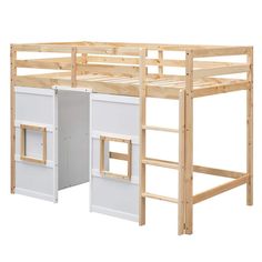 there is a loft bed with stairs to the top and bottom bunk above it, which also has a built - in storage compartment