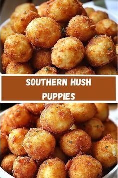 two pictures showing different types of hush puppies in the same bowl, and then fried