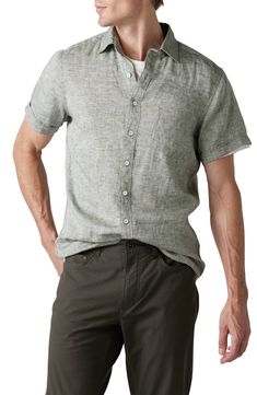 Lightweight, breathable linen brings easy-to-wear comfort to a solid-color shirt that looks great with your entire warm-weather wardrobe. 30" length; 42" chest (size Medium) Front button closure Point collar Cuffed short sleeves Chest patch pocket 100% linen Machine wash, line dry Imported Rich Lifestyle Luxury, Short Sleeve Linen Shirt, Sports Fit, Dress Shirt And Tie, Mary Jane Shoes Womens, Sneaker Dress Shoes, Solid Color Shirt, Slim Fit Shorts, Slim Fit Shirt