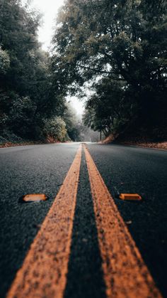 an empty road with two yellow lines painted on the side and trees in the background