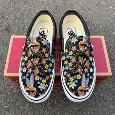 Custom Black Vans Slip On Sneakers with a pattern inspired by embroidery. PLEASE NOTE, THESE SHOES ARE CUSTOM PRINTED, NOT EMBROIDERED.  We source each pair of blank shoes brand new directly from Vans.  The ink is permanent and will never come off. Made in the USA. This price includes everything: shoes, artwork, and shipping.  Sizes listed are in US sizing scale. If you have any issues with your order, please feel free to reach out to us and we will be more than glad to help you! Note: Blvd Cust Vans Shoes For Men, Hummingbird Embroidery, Shoes Artwork, Mens Vans Shoes, Vans Authentic Shoes, Custom Vans Shoes, Vans Slip On Shoes, Halloween Shoes, Nike Converse