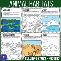 an animal habitat poster with pictures of animals and other things to color on the page