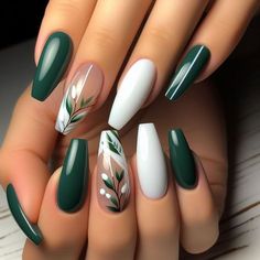 Wedding Nails Green, Plant Nail Designs, Nail Ideas Green, Classy Almond Nails, Hoco Nails, Pretty Nail Colors, Lavender Nails, Nail Shimmer, Nails Green