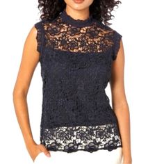 Nanette Lepore Lace Top Navy Blue Sleeveless Exposed Brushed Gold Center Back Zipper Crochet Lace Arm & Neck Trim Large New With Tag Elegant Blue Lace Top, Elegant Blue Lace Top For Summer, Elegant Blue Spring Tank Top, Sleeveless Blue Lace Tops, Blue Lace Sleeveless Tops, Elegant Blue Tank Top For Spring, Chic Blue Lace Top For Summer, Chic Blue Lace Top, Zipper Crochet