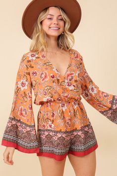 Step into a world of bohemian charm with our Boho Brunch Floral Print Romper. This delightful romper effortlessly combines a chic aesthetic with a laid-back vibe, perfect for those sunny brunch outings. The intricate floral print adds a touch of whimsy to the design, ensuring you radiate effortless style wherever you go.Measurement from size SBust: 20.5"Waist: 12"Length: 30" Style: Boho Print / Pattern: Floral print Silhouette: Romper Fit: Regular Embellishment: Floral print Neck Line: V Neck Sl Boho Brunch, Bell Sleeve Romper, Plus Size Sleepwear, Boho Romper, Chic Aesthetic, Floral Print Rompers, Summer Fits, Boho Print, Printed Rompers