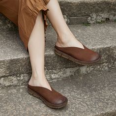 Retro Soft Leather Loafer Mules for Women Backless Loafers in Coffee/Khaki Brown Closed Toe Slip-ons With Stitched Sole, Brown Slip-on Flat Heel Moccasins, Comfortable Brown Slip-on Flats, Brown Almond Toe Slip-ons With Leather Footbed, Brown Closed Toe Slip-ons With Rubber Sole, Brown Flat Bottom Leather Shoes, Comfortable Brown Flats With Flat Bottom, Brown Leather Shoes With Flat Bottom, Brown Leather Shoes With Stitched Sole