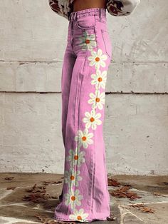 Women's Pink Flower Print Casual Wide Leg Pants – fashionsully Painted Outfits, Skater Pants, Pink Flower Print, Upcycle Clothes Diy, Painted Jeans, Casual Wide Leg Pants, Painted Denim, Painted Clothes, Jeans Diy