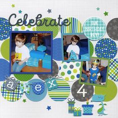 a scrapbook page with photos of children and birthday gifts on it's cover