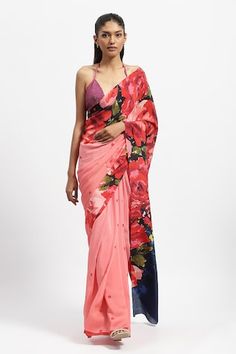 Coral pink silk crepe saree with all over impasto depictions of European rose bloom. Comes with a running blouse piece. - Aza Fashions Satya Paul, Crepe Saree, Blooming Rose, Printed Sarees, Silk Crepe, Pink Silk, Rose Print, Coral Pink, Blouse Piece