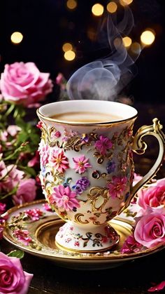 a cup with steam rising out of it sitting on a saucer next to pink roses