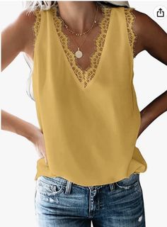 BLENCOT Women Lace Trim Tank Tops V Neck Fashion Casual Sleeveless Blouse Vest Shirts Trendy Tank Tops, Tops For Women Casual, Lace Trim Tank Top, Lace Sleeveless Top, Disco Outfit, Womens Tops Summer, Vest Shirt, Casual Lace, Pink Outfit