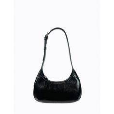 A classic curved shoulder bag with removable crossbody strap made from high quality shiny black faux leather. Lined in R-PET fabric which is spun from post-consumer plastic bottles otherwise destined for landfill, with silver hardware throughout and two pockets inside. MeasurementsHeight: 12cmWidth: 23cmStrap Drop: 26cm (at shortest length)Strap Drop: 57.5cm (at longest length) Classic Black Bag With Glossy Finish, Classic Black Bags With Glossy Finish, Sleek Black Glossy Shoulder Bag, Black Leather Shoulder Bag With Glossy Finish, Chic Black Bag With Glossy Finish, Glossy Finish Satchel Shoulder Bag, Black Baguette Bag With Silver-tone Hardware For Everyday, Chic Glossy Shoulder Bag For Travel, Chic Glossy Finish Shoulder Bag For Travel